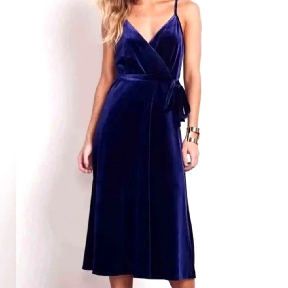 Ali & Jay Navy Velvet Faux Wrap Tie Waist Midi Dress Adjustable Straps L - Picture 5 of 16